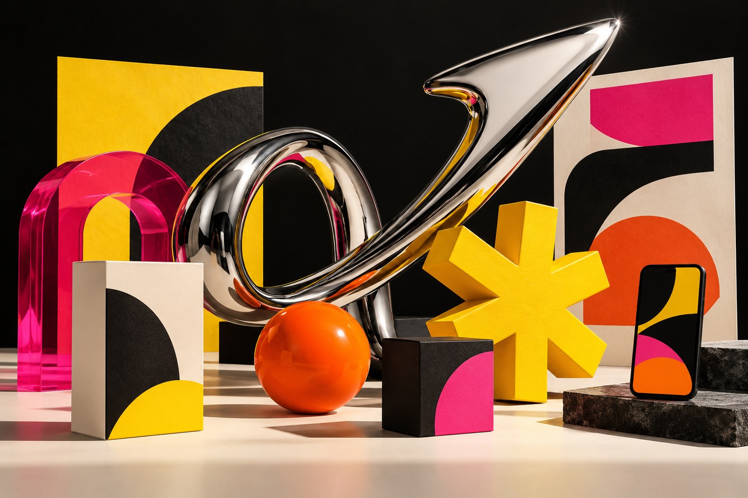 AI-generated conceptual campaign world with chrome ribbon, yellow asterisk and colourful objects