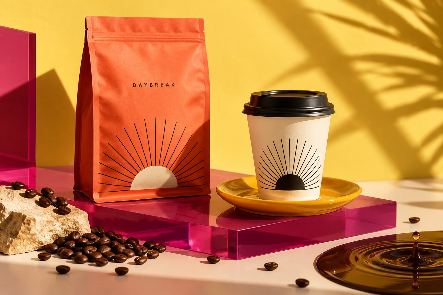 AI-generated fictional coffee brand campaign with coral packaging, yellow forms and espresso
