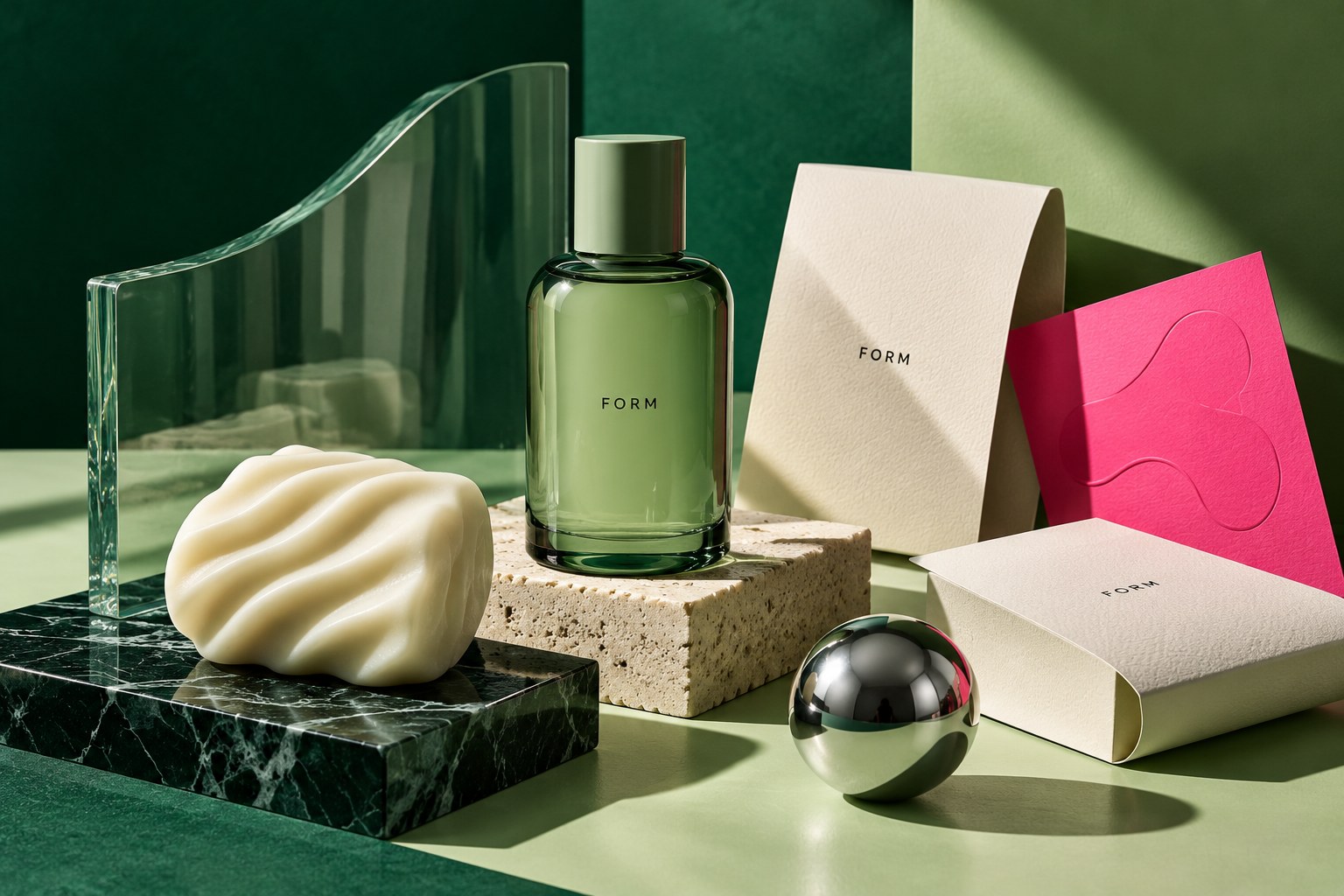 AI-generated fictional personal-care identity with sage glass, paper and metallic forms